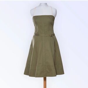 Y2K Vintage‎ Fit Flare Apron Utility Green Midi Dress 12 Cotton Twee Femme Work